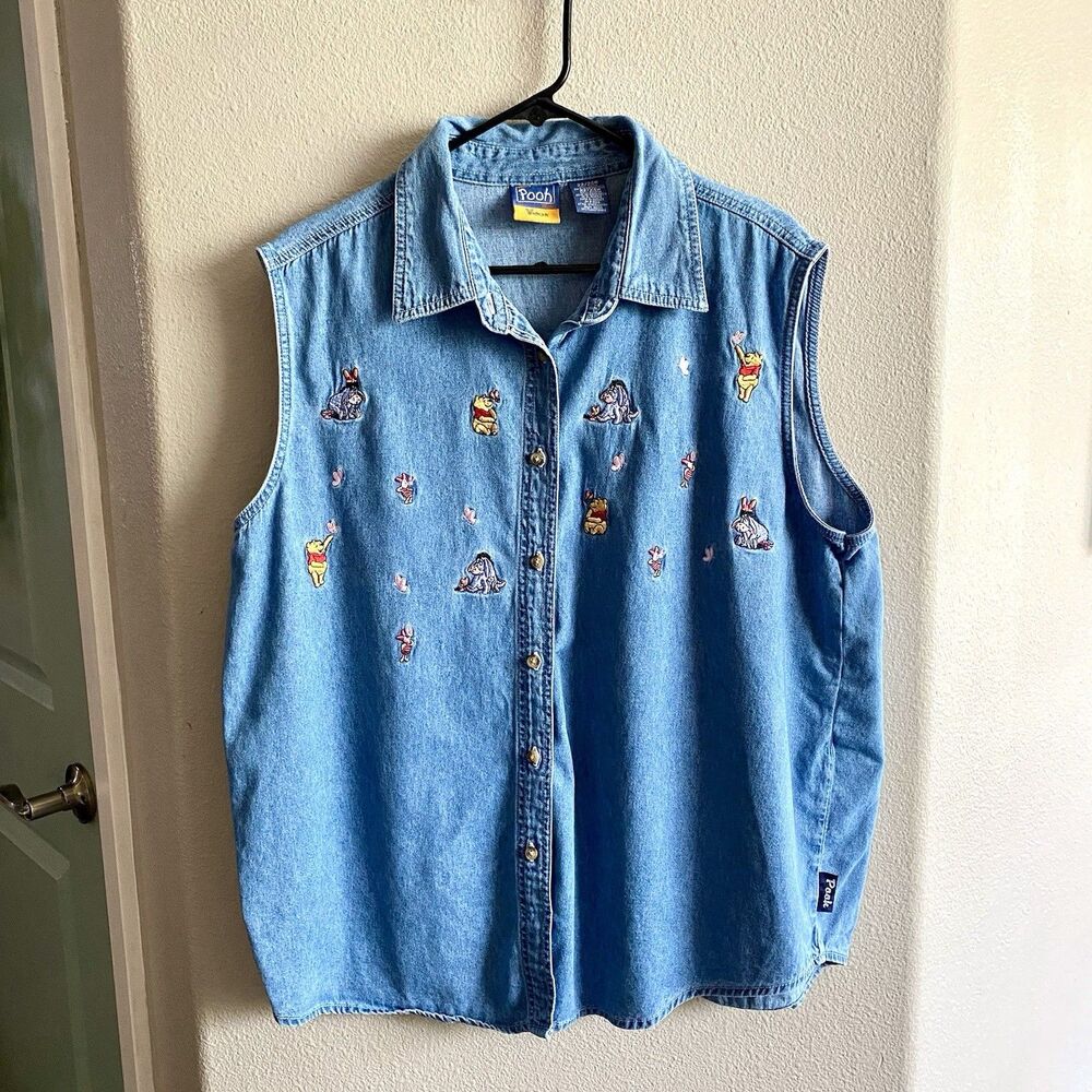 Vintage Disney Store Winnie The Pooh Sleeveless Denim Shirt 22/24 Button Front
